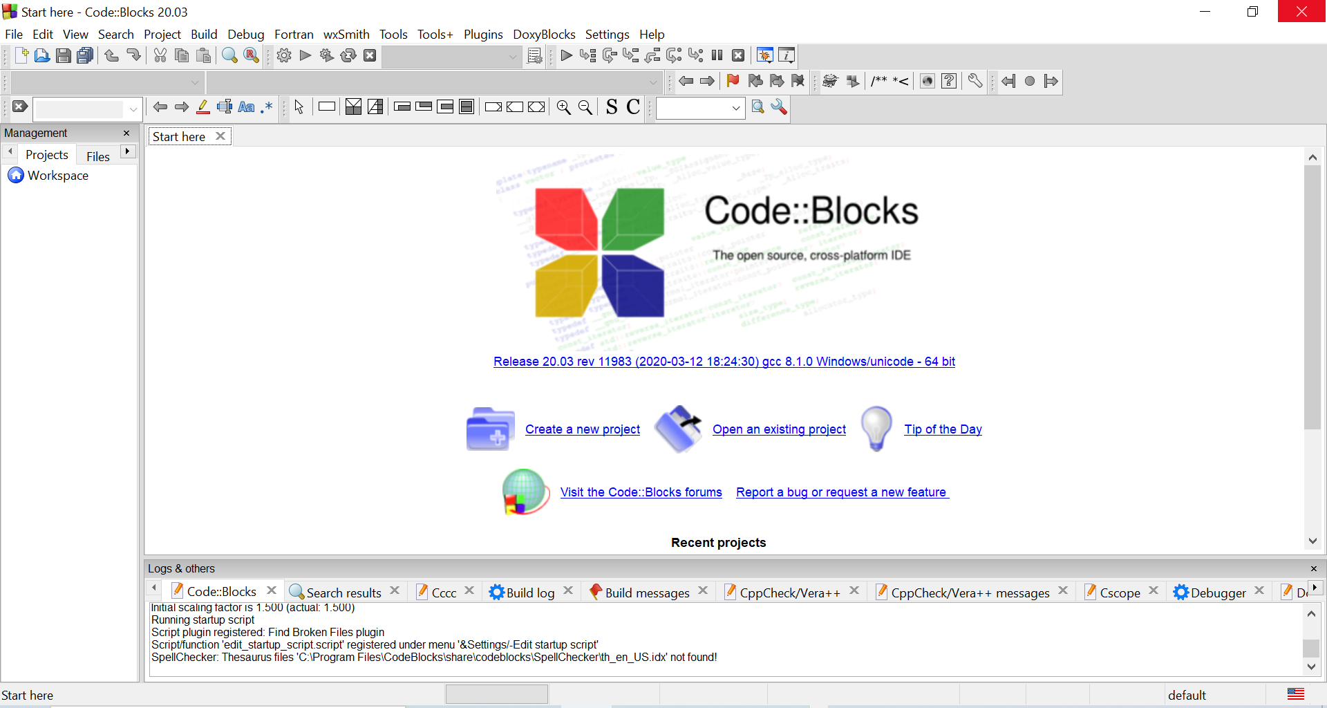 الشاشة الرئيسة لبرمجية code::Blocks
